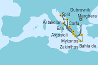 Visitando Marghera (Venecia/Italia), Bari (Italia), Bahía de Souda (Grecia), Mykonos (Grecia), Katakolon (Olimpia/Grecia), Marghera (Venecia/Italia), Bari (Italia), Corfú (Grecia), Zakinthos (Grecia), Argostoli (Grecia), Dubrovnik (Croacia), Split (Croacia), Marghera (Venecia/Italia)