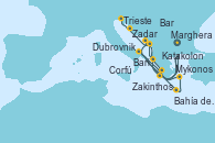 Visitando Marghera (Venecia/Italia), Bari (Italia), Bahía de Souda (Grecia), Mykonos (Grecia), Katakolon (Olimpia/Grecia), Marghera (Venecia/Italia), Bari (Italia), Dubrovnik (Croacia), Zakinthos (Grecia), Corfú (Grecia), Bar ( Montenegro), Zadar (Croacia), Trieste (Italia)