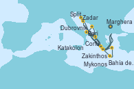 Visitando Marghera (Venecia/Italia), Bari (Italia), Dubrovnik (Croacia), Zakinthos (Grecia), Corfú (Grecia), Split (Croacia), Zadar (Croacia), Marghera (Venecia/Italia), Bari (Italia), Bahía de Souda (Grecia), Mykonos (Grecia), Katakolon (Olimpia/Grecia), Marghera (Venecia/Italia)