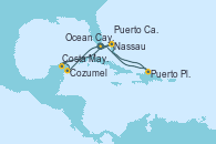 Visitando Puerto Cañaveral (Florida), Nassau (Bahamas), Ocean Cay MSC Marine Reserve (Bahamas), Cozumel (México), Costa Maya (México), Puerto Cañaveral (Florida), Nassau (Bahamas), Ocean Cay MSC Marine Reserve (Bahamas), Puerto Plata, Republica Dominicana, Puerto Cañaveral (Florida)
