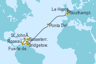 Visitando Southampton (Inglaterra), Le Havre (Francia), Ponta Delgada (Azores), Bridgetown (Barbados), Basseterre (Antillas), St. John´s (Antigua y Barbuda), Roseau (Dominica), Fuerte de France (Martinica)
