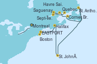 Visitando Montreal (Canadá), Quebec (Canadá), Saguenay (Canadá), Sept-Îles (Canadá), Havre Saint Pierre (Canadá), Corner Brook (Newfoundland/Canadá), St. Anthony (Canadá), St. John´s (Antigua y Barbuda), Halifax (Canadá), EASTPORT, Boston (Massachusetts)