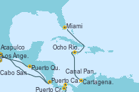 Visitando Los Ángeles (California), Cabo San Lucas (México), Acapulco (México), Puerto Quetzal (Guatemala), Puerto Caldera (Costa Rica), Puerto Cristóbal (Panamá), Canal Panamá, Cartagena de Indias (Colombia), Ocho Ríos (Jamaica), Miami (Florida/EEUU)