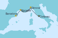 Visitando Civitavecchia (Roma), Génova (Italia), Marsella (Francia), Génova (Italia), Marsella (Francia), Barcelona