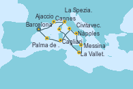 Visitando Barcelona, Cannes (Francia), La Spezia, Florencia y Pisa (Italia), Ajaccio (Córcega), La Valletta (Malta), Messina (Sicilia), Nápoles (Italia), Civitavecchia (Roma), Cagliari (Cerdeña), Palma de Mallorca (España), Barcelona