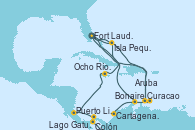 Visitando Fort Lauderdale (Florida/EEUU), Curacao (Antillas), Bonaire (Países Bajos), Aruba (Antillas), Isla Pequeña (San Salvador/Bahamas), Fort Lauderdale (Florida/EEUU), Isla Pequeña (San Salvador/Bahamas), Curacao (Antillas), Cartagena de Indias (Colombia), Lago Gatun (Panamá), Colón (Panamá), Puerto Limón (Costa Rica), Ocho Ríos (Jamaica), Fort Lauderdale (Florida/EEUU)
