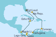 Visitando Fort Lauderdale (Florida/EEUU), Isla Pequeña (San Salvador/Bahamas), Curacao (Antillas), Cartagena de Indias (Colombia), Lago Gatun (Panamá), Colón (Panamá), Puerto Limón (Costa Rica), Ocho Ríos (Jamaica), Fort Lauderdale (Florida/EEUU)