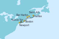 Visitando Nueva York (Estados Unidos), Newport (Rhode Island), Boston (Massachusetts), Bar Harbor (Maine), Saint John (New Brunswick/Canadá), Halifax (Canadá), Nueva York (Estados Unidos)