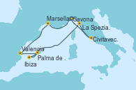 Visitando Savona (Italia), Marsella (Francia), Valencia, Palma de Mallorca (España), Ibiza (España), La Spezia, Florencia y Pisa (Italia), Civitavecchia (Roma), Savona (Italia)