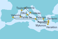 Visitando Savona (Italia), Toulon (Francia), Palma de Mallorca (España), Valencia, Argostoli (Grecia), Mykonos (Grecia), Santorini (Grecia), Heraklion (Creta), Palermo (Italia), Olbia (Cerdeña), Civitavecchia (Roma), Savona (Italia)