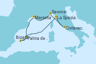 Visitando Palma de Mallorca (España), Ibiza (España), La Spezia, Florencia y Pisa (Italia), Civitavecchia (Roma), Savona (Italia), Marsella (Francia), Palma de Mallorca (España)