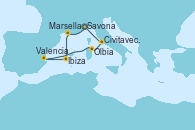 Visitando Savona (Italia), Marsella (Francia), Ibiza (España), Valencia, Olbia (Cerdeña), Civitavecchia (Roma), Savona (Italia)