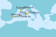 Visitando Savona (Italia), Toulon (Francia), Palma de Mallorca (España), Valencia, Olbia (Cerdeña), Civitavecchia (Roma), Savona (Italia)