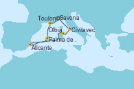 Visitando Savona (Italia), Toulon (Francia), Palma de Mallorca (España), Alicante (España), Olbia (Cerdeña), Civitavecchia (Roma), Savona (Italia)