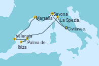 Visitando Civitavecchia (Roma), Savona (Italia), Marsella (Francia), Valencia, Palma de Mallorca (España), Ibiza (España), La Spezia, Florencia y Pisa (Italia), Civitavecchia (Roma)