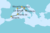 Visitando Civitavecchia (Roma), Savona (Italia), Marsella (Francia), Palma de Mallorca (España), Alicante (España), La Spezia, Florencia y Pisa (Italia), Civitavecchia (Roma)