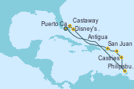 Visitando Puerto Cañaveral (Florida), Philipsburg (St. Maarten), Castries (Santa Lucía/Caribe), Antigua (Antillas), San Juan (Puerto Rico), Disney's Lookout Cay (Bahamas), Castaway (Bahamas), Puerto Cañaveral (Florida)