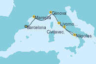 Visitando Barcelona, Marsella (Francia), Génova (Italia), Livorno, Pisa y Florencia (Italia), Nápoles (Italia), Civitavecchia (Roma)