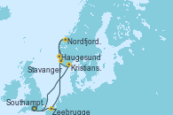 Visitando Southampton (Inglaterra), Zeebrugge (Bruselas), Haugesund (Noruega), Nordfjordeid, Stavanger (Noruega), Kristiansand (Noruega), Southampton (Inglaterra)