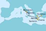 Visitando Civitavecchia (Roma), Chania (Creta/Grecia), Atenas (Grecia), Kusadasi (Efeso/Turquía), Santorini (Grecia), Nápoles (Italia), Civitavecchia (Roma)