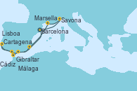 Visitando Barcelona, Savona (Italia), Marsella (Francia), Cartagena (Murcia), Málaga, Gibraltar (Inglaterra), Cádiz (España), Lisboa (Portugal), Barcelona