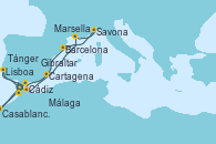 Visitando Cádiz (España), Lisboa (Portugal), Lisboa (Portugal), Gibraltar (Inglaterra), Málaga, Cartagena (Murcia), Marsella (Francia), Savona (Italia), Barcelona, Tánger (Marruecos), Casablanca (Marruecos), Cádiz (España)