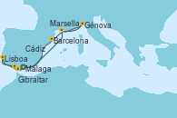 Visitando Málaga, Marsella (Francia), Génova (Italia), Barcelona, Cádiz (España), Lisboa (Portugal), Lisboa (Portugal), Gibraltar (Inglaterra), Málaga