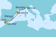 Visitando Cádiz (España), Gibraltar (Inglaterra), Málaga, Marsella (Francia), Génova (Italia), Barcelona, Cádiz (España)