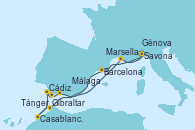 Visitando Savona (Italia), Barcelona, Tánger (Marruecos), Casablanca (Marruecos), Cádiz (España), Gibraltar (Inglaterra), Málaga, Marsella (Francia), Génova (Italia)