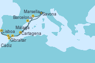 Visitando Savona (Italia), Marsella (Francia), Cartagena (Murcia), Málaga, Gibraltar (Inglaterra), Cádiz (España), Lisboa (Portugal), Barcelona, Savona (Italia)