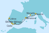Visitando Málaga, Gibraltar (Inglaterra), Cádiz (España), Lisboa (Portugal), Barcelona, Savona (Italia), Marsella (Francia), Barcelona, Málaga