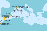 Visitando Málaga, Cádiz (España), Casablanca (Marruecos), Casablanca (Marruecos), Tánger (Marruecos), Barcelona, Savona (Italia), Marsella (Francia), Cartagena (Murcia), Málaga