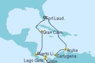 Visitando Fort Lauderdale (Florida/EEUU), Aruba (Antillas), Cartagena de Indias (Colombia), Lago Gatun (Panamá), Colón (Panamá), Puerto Limón (Costa Rica), Gran Caimán (Islas Caimán), Fort Lauderdale (Florida/EEUU)