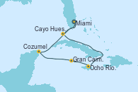 Visitando Miami (Florida/EEUU), Cayo Hueso (Key West/Florida), Ocho Ríos (Jamaica), Gran Caimán (Islas Caimán), Cozumel (México), Miami (Florida/EEUU)