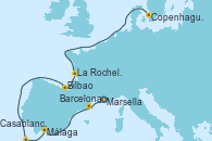 Visitando Marsella (Francia), Barcelona, Málaga, Casablanca (Marruecos), Bilbao (España), La Rochelle (Francia), Copenhague (Dinamarca)