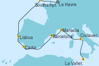 Visitando Le Havre (Francia), Southampton (Inglaterra), Lisboa (Portugal), Cádiz (España), Barcelona, Marsella (Francia), Civitavecchia (Roma), La Valletta (Malta)