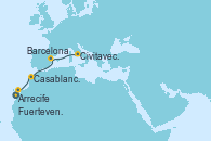 Visitando Arrecife (Lanzarote/España), Fuerteventura (Canarias/España), Casablanca (Marruecos), Barcelona, Civitavecchia (Roma)