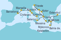 Visitando Atenas (Grecia), Bahía de Souda (Grecia), Mykonos (Grecia), Estambul (Turquía), Katakolon (Olimpia/Grecia), Corfú (Grecia), Korcula, Croatia, Trieste (Italia), Kotor (Montenegro), Corfú (Grecia), Messina (Sicilia), Salerno (Italia), Civitavecchia (Roma), Livorno, Pisa y Florencia (Italia), Marsella (Francia), Barcelona
