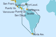Visitando Fort Lauderdale (Florida/EEUU), Cartagena de Indias (Colombia), Punta Arenas (Chile), Puerto Quetzal (Guatemala), Huatulco (México), Puerto Vallarta (México), San Diego (California/EEUU), San Francisco (California/EEUU), San Francisco (California/EEUU), Vancouver (Canadá), Seattle (Washington/EEUU)