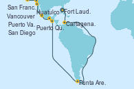 Visitando Fort Lauderdale (Florida/EEUU), Cartagena de Indias (Colombia), Punta Arenas (Chile), Puerto Quetzal (Guatemala), Huatulco (México), Puerto Vallarta (México), San Diego (California/EEUU), San Francisco (California/EEUU), San Francisco (California/EEUU), Vancouver (Canadá)