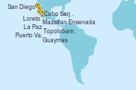 Visitando San Diego (California/EEUU), Cabo San Lucas (México), La Paz (México), Guaymas (México), Topolobampo (México), Loreto (México), Mazatlan (México), Puerto Vallarta (México), Ensenada (México), San Diego (California/EEUU)