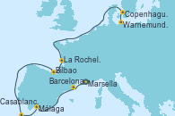 Visitando Marsella (Francia), Barcelona, Málaga, Casablanca (Marruecos), Bilbao (España), La Rochelle (Francia), Copenhague (Dinamarca), Warnemunde (Alemania)