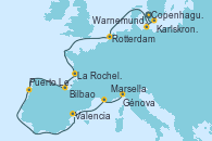 Visitando Copenhague (Dinamarca), Karlskrona (Suecia), Warnemunde (Alemania), Rotterdam (Holanda), La Rochelle (Francia), Bilbao (España), Puerto Leixões (Portugal), Valencia, Marsella (Francia), Génova (Italia)