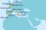 Visitando Rotterdam (Holanda), Zeebrugge (Bruselas), Le Havre (Francia), Southampton (Inglaterra), Lisboa (Portugal), Cádiz (España), Barcelona, Marsella (Francia), Civitavecchia (Roma), La Valletta (Malta)