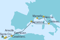 Visitando Santa Cruz de Tenerife (España), Arrecife (Lanzarote/España), Fuerteventura (Canarias/España), Casablanca (Marruecos), Barcelona, Civitavecchia (Roma), Génova (Italia), Marsella (Francia)