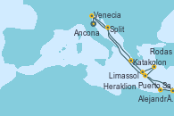 Visitando Ancona (Italia), Venecia (Italia), Katakolon (Olimpia/Grecia), Heraklion (Creta), Rodas (Grecia), Limassol (Chipre), Puerto Said (Egipto), Alejandría (Egipto), Split (Croacia), Venecia (Italia)