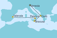 Visitando Venecia (Italia), Corfú (Grecia), Siracusa (Sicilia), Palermo (Italia), Valencia