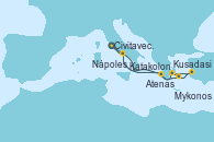 Visitando Civitavecchia (Roma), Atenas (Grecia), Kusadasi (Efeso/Turquía), Mykonos (Grecia), Katakolon (Olimpia/Grecia), Nápoles (Italia), Civitavecchia (Roma)