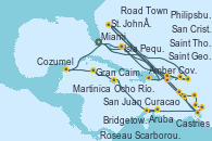 Visitando Miami (Florida/EEUU), Philipsburg (St. Maarten), St. John´s (Antigua y Barbuda), Castries (Santa Lucía/Caribe), Roseau (Dominica), San Cristóbal y Nieves, Saint Thomas (Islas Vírgenes), Isla Pequeña (San Salvador/Bahamas), Miami (Florida/EEUU), Isla Pequeña (San Salvador/Bahamas), Amber Cove (República Dominicana), San Juan (Puerto Rico), San Cristóbal y Nieves, Road Town (Isla Tórtola/Islas Vírgenes), Philipsburg (St. Maarten), St. John´s (Antigua y Barbuda), Martinica (Antillas), Bridgetown (Barbados), Saint George (Grenada), Scarborough (Trinidad & Tobago), Aruba (Antillas), Curacao (Antillas), Ocho Ríos (Jamaica), Gran Caimán (Islas Caimán), Cozumel (México), Miami (Florida/EEUU)