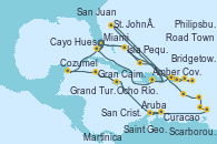 Visitando Miami (Florida/EEUU), Isla Pequeña (San Salvador/Bahamas), Amber Cove (República Dominicana), San Juan (Puerto Rico), San Cristóbal y Nieves, Road Town (Isla Tórtola/Islas Vírgenes), Philipsburg (St. Maarten), St. John´s (Antigua y Barbuda), Martinica (Antillas), Bridgetown (Barbados), Saint George (Grenada), Scarborough (Trinidad & Tobago), Aruba (Antillas), Curacao (Antillas), Ocho Ríos (Jamaica), Gran Caimán (Islas Caimán), Cozumel (México), Miami (Florida/EEUU), Isla Pequeña (San Salvador/Bahamas), Grand Turks(Turks & Caicos), Amber Cove (República Dominicana), Cayo Hueso (Key West/Florida), Miami (Florida/EEUU)